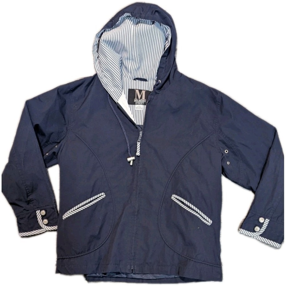 Vtg Mulberry Street M Jacket 80's Nautical Striped trim Zip Hooded Pockets‎ Navy